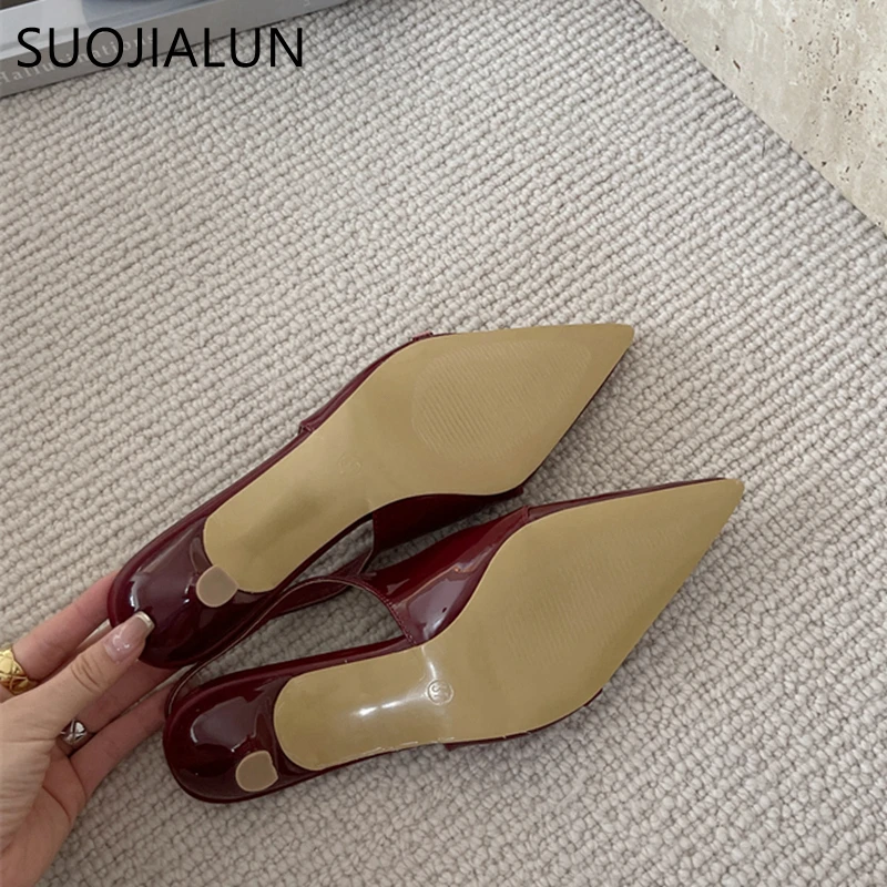 SUOJIALUN New Brand Women Sandal Shoes Fashion Pointed Toe Shallow Ladies Elegant Slingback Shoes Shallow Dress Pumps Shoes