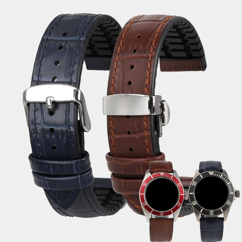 Cowhide leather with silicone bottom watch strap waterproof black brown blue green watchband For TUDOR black bay 1958  FXDseries