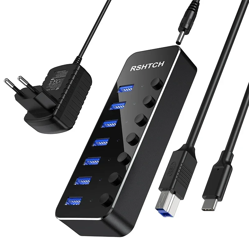RSHTECH 7-Port USB 3.0 Hub Aluminium 5 Gbit/s Datenübertragungssplitter mit einzelnen Ein-/Ausschaltern und 5 V/2 A Adapter