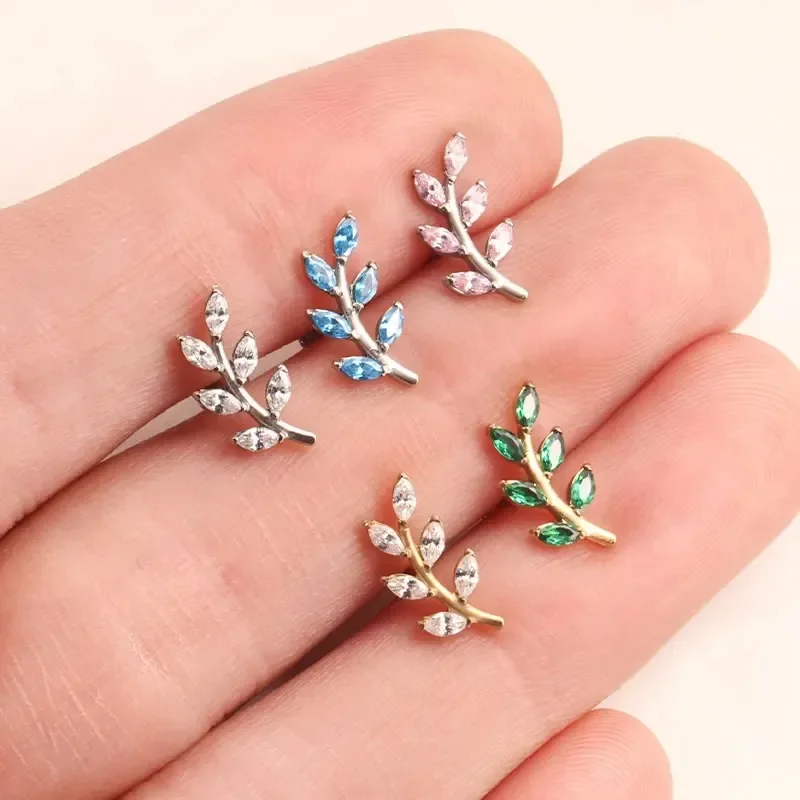1Pc G23 Titanium Cartilage Earrings Lip Labret Stud Leaf Zircon Helix flower Cz Ear Tragus Piercing with Inner Threaded Jewelry