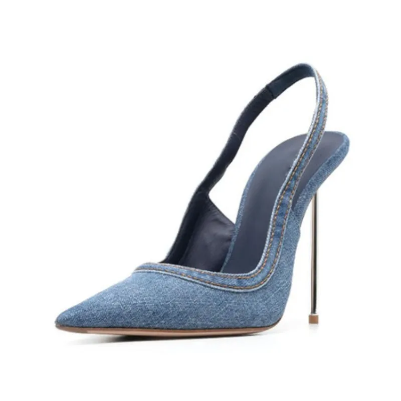 

Customized Denim Blue Toe-toe Sandals Stiletto Heels Summer Pointed-toe High-heeled Shoes Metal Heel Straps Shallow-mouth Shoes