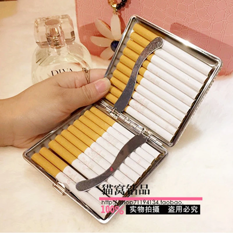 20pcs*84mm Cigarettes Woman Cigarette Box Case Metal Exquisite Shiny Rhinestone Pink Purple