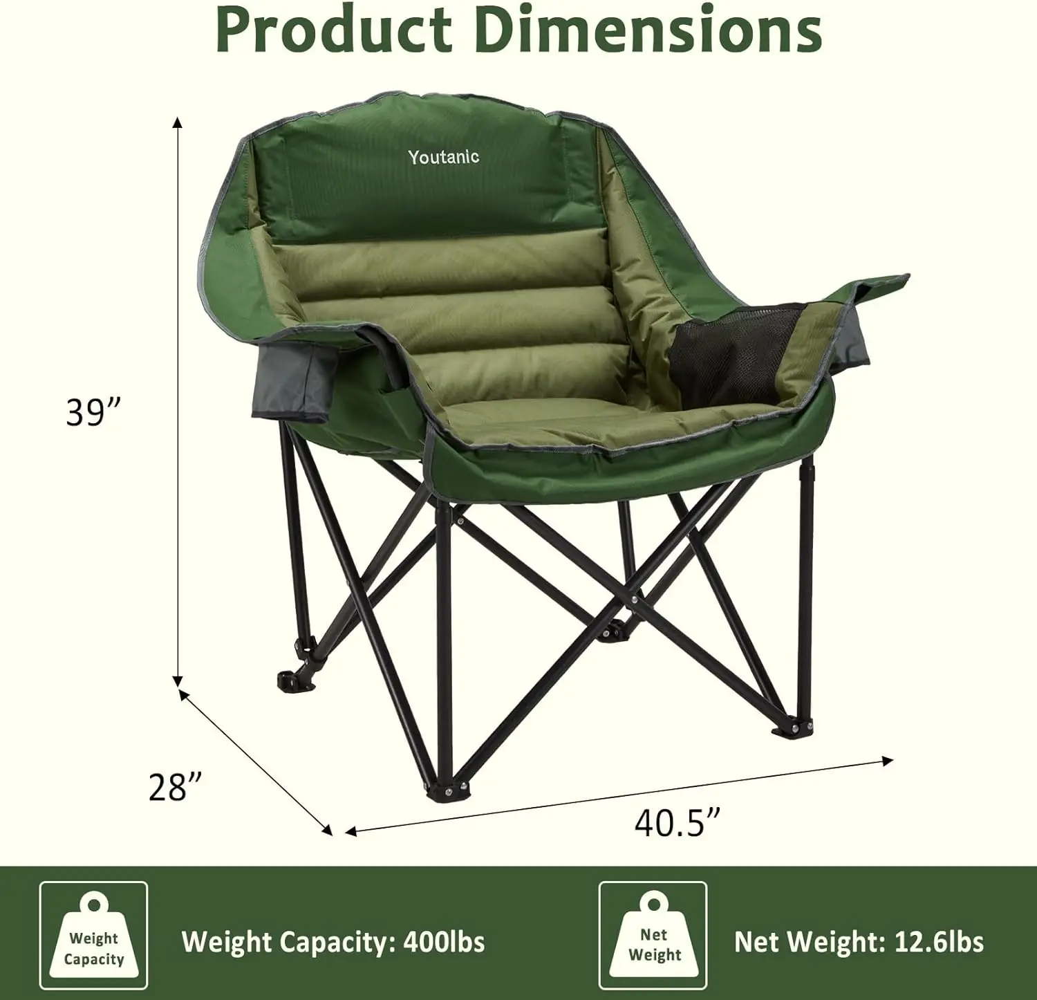 Chaise de camping pliante portable respirante avec poche latérale, porte-gobelet et sac de transport, chaises de camping en plein air