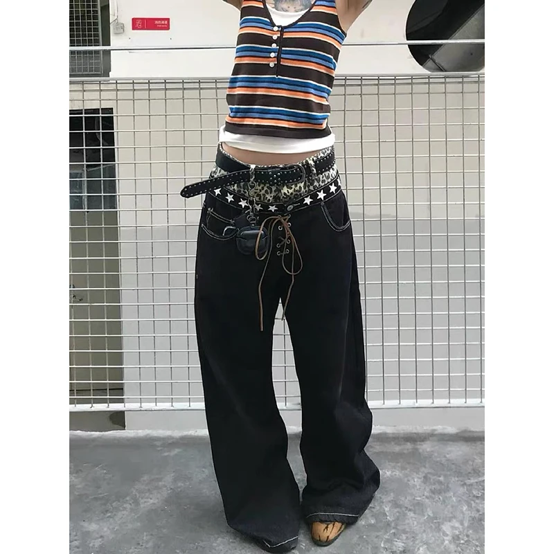 

ZHIZOU Женские мешковатые джинсы Дизайнерские леопардовые принты в стиле пэчворк Американский ретро Harajuku Широкие джинсы Y2k Дизайн японских джинсовых брюк