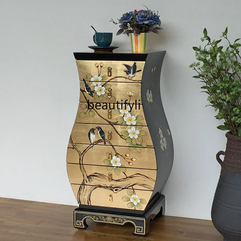 New Chinese Style Entrance Hall Cabinet Living Room Classical Gold and Silver Foil TV Side Cabinet American Style Drawer