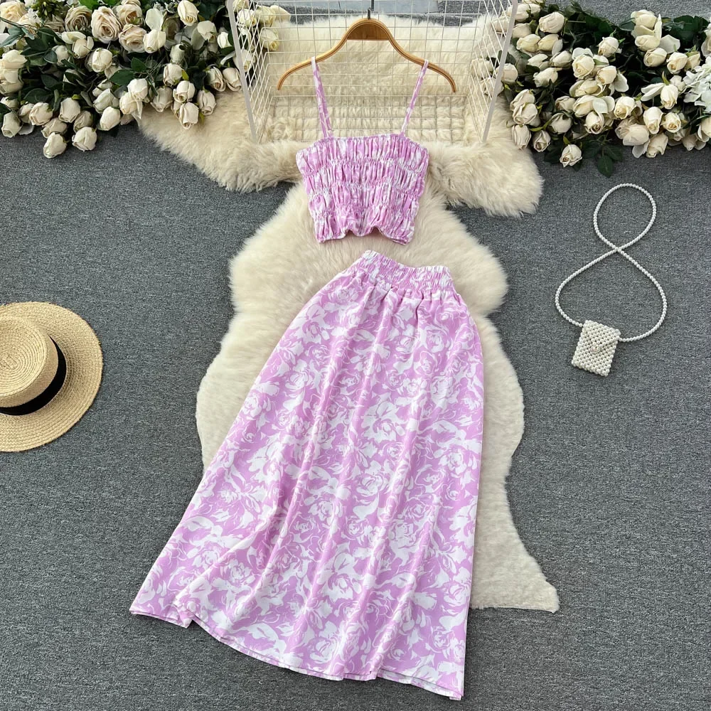 2025 Holiday Floral Print Two Pieces Suits Zipper Design Slim Tank Top+ A Line Long Skirt Vintage Bohemian Beach Sets French Syl