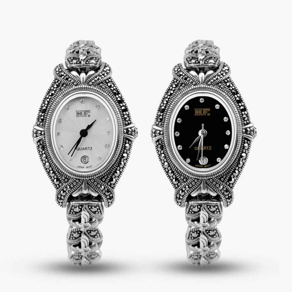 Solid 925 Sterling Silver Thailand Silver  Marcasite Luxury Wrist Watches Jewelry Women's Quartz Watches Oval Style Fine Jewelry