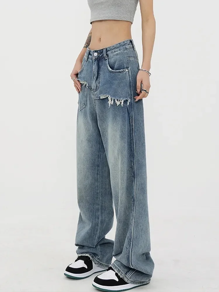 American Style Design Sensation Straight Tube Torn Jeans For Women 2023 New High Waisted Wide Leg Mop Pants