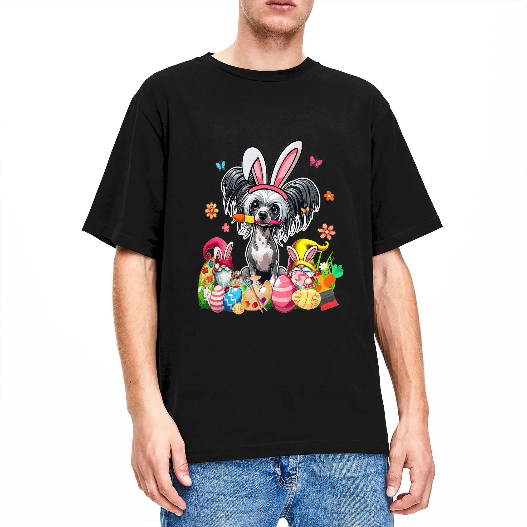 Chinese Crested Dog Bunny Painting Easter Eggs T-Shirt Men  Funny T Shirts Beach Breathable Harajuku Tee Shirt Plus Size Clothes