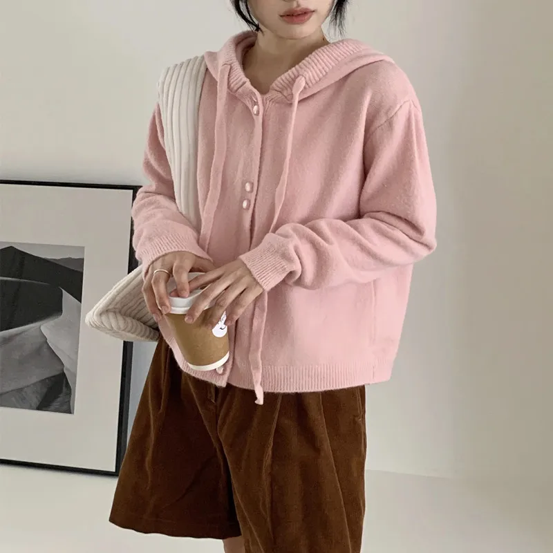 

Drawstring Hooded Casual Knitted Cardigan Korean Style Simple Spring Autumn New Lazy Style Solid Color Sweater Jacket for Women