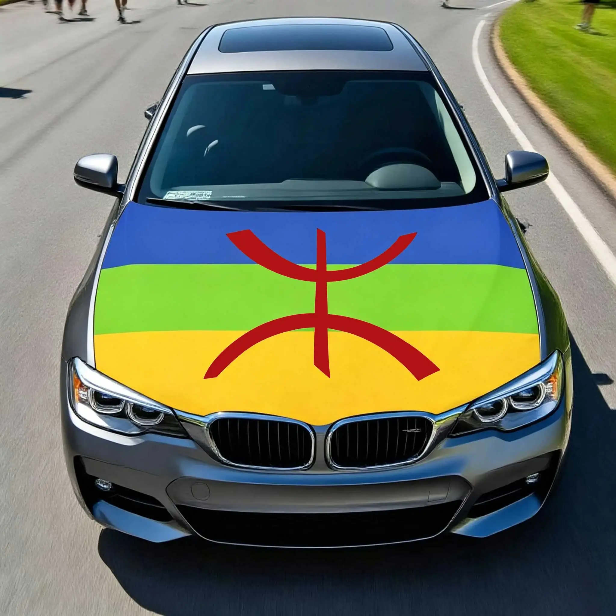 3.8x5.3fts National Berber Kabylia Flag Banner Kabylie Car Hood Cover Flag Elastic Fabrics Engine Cover For Decoration