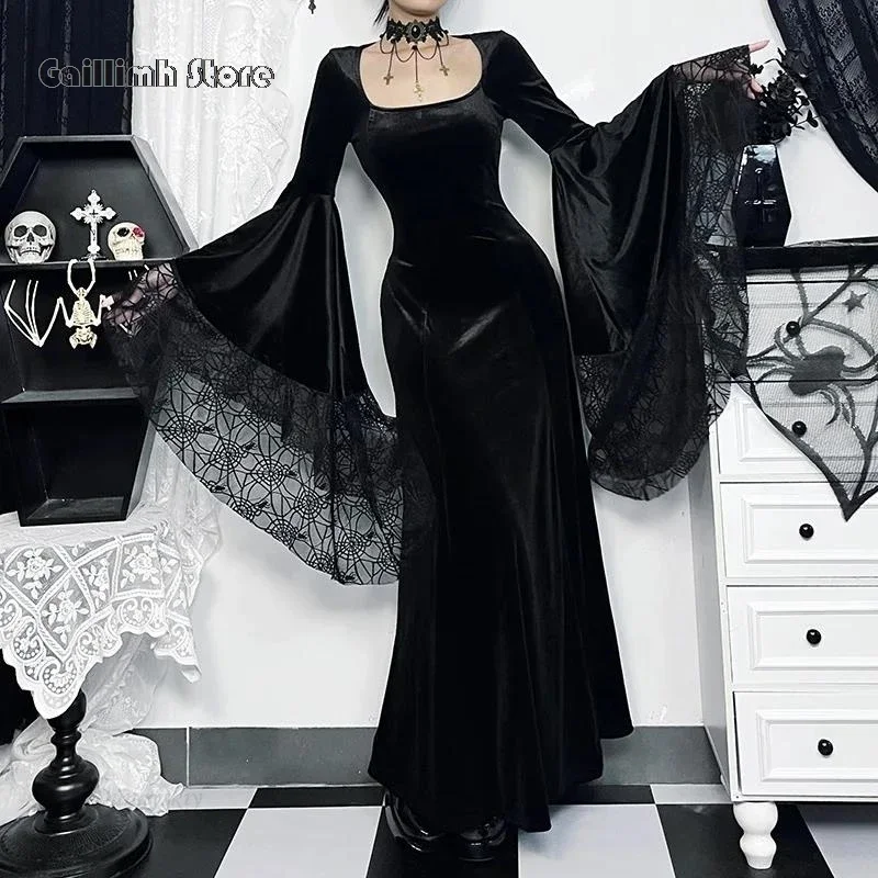 Halloween Gothic Vintage Dress Women Velvet Square Neck Patchwork Spider Web Flare Sleeves Cosplay Long Party Dress