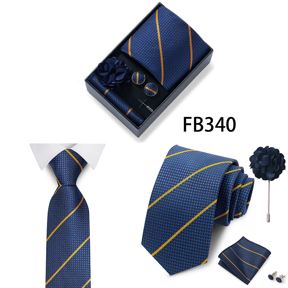 Neues Marken-Mode-Set: 8 cm Krawatte, Einstecktuch, Manschettenknöpfe und Brosche für Herren, Rot-Grau, Hochzeit, Geschenkbox, Passend für Partys – Detail 3