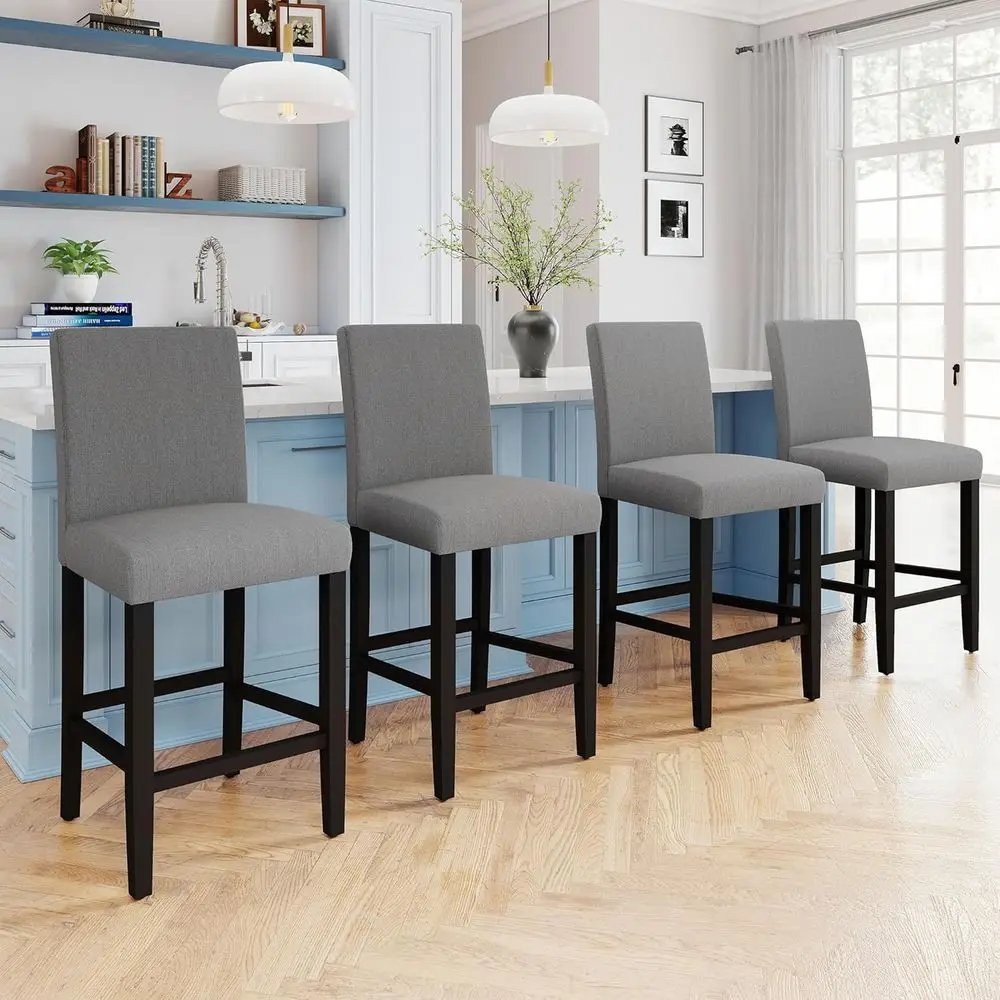 

Set of 4 24.8 Grey Upholstered Counter Height Bar Stools with Backrest and Solid Wood Legs