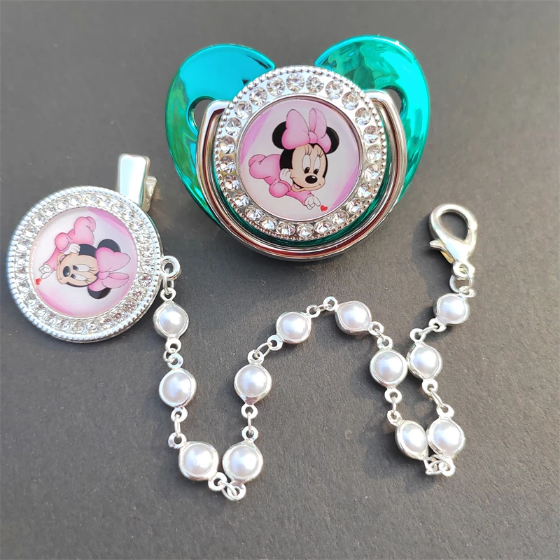 White Pearled Blue Rhinestone Handmade Minnie Mouse Luxury Fancy Dolls Pacifiers and Chain Holder with Cover Fake Dummy Soothers