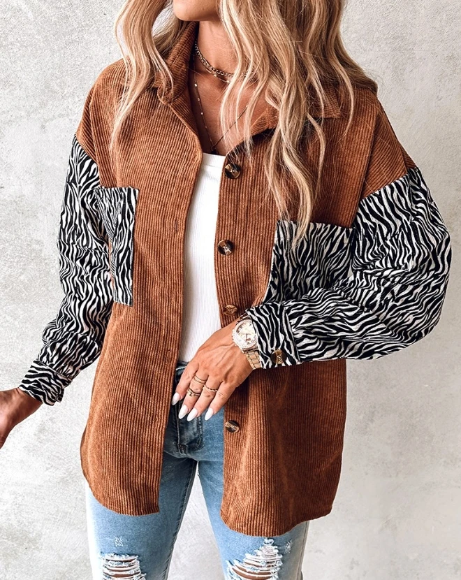 Women's Jacket Tops Casual Turn-down Collar Long Sleeve Colorblock Zebra Stripe Print Button Pocket Design Corduroy Shacket