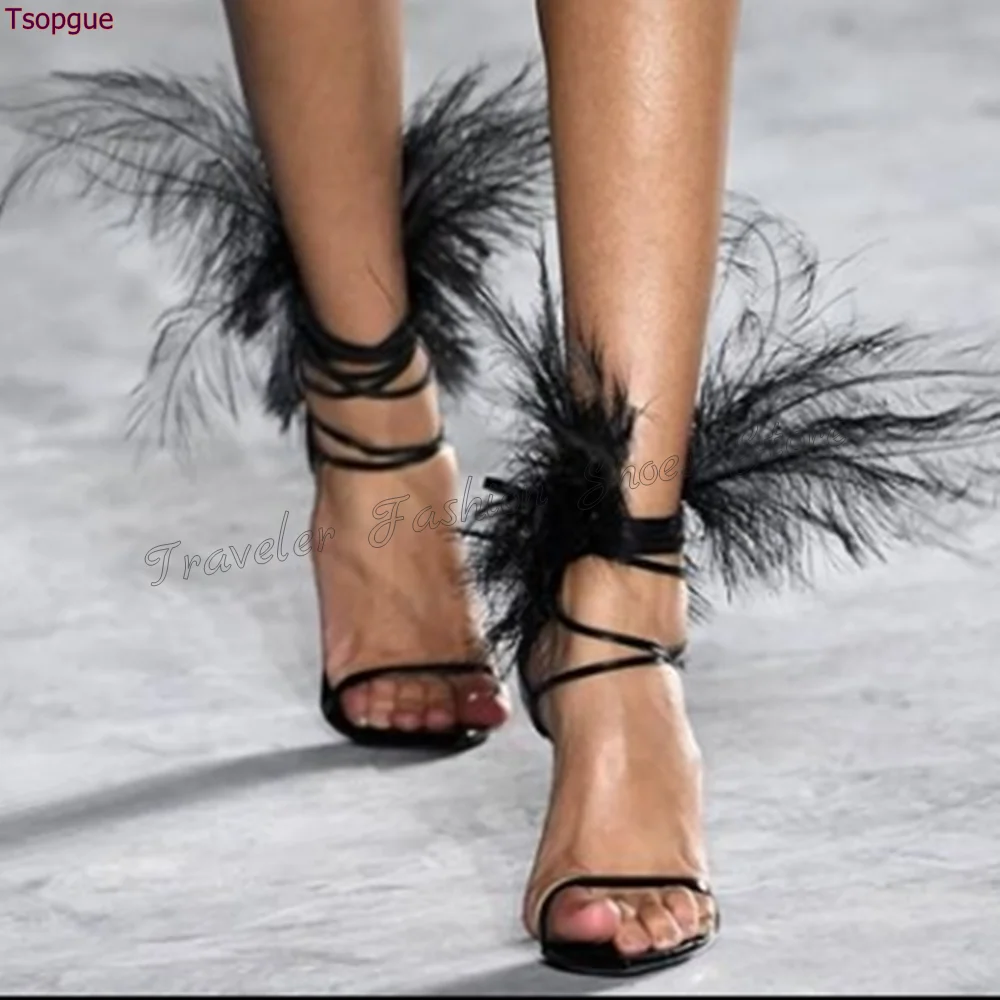 Sandalias con lazo cruzado y decoración de plumas negras, tacones de aguja, Zapatos de tacón alto Para Mujer, tacones de moda, novedad de 2024