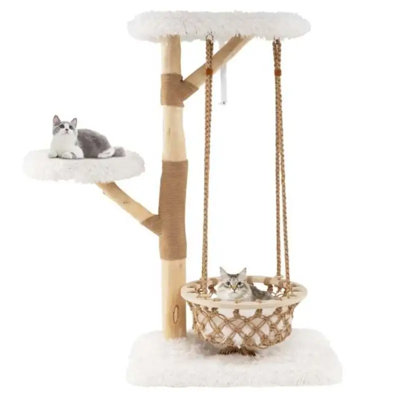 Großer Katzenbaum mit Hängematte, Echtholz und Jutezweigen, Modernes Katzen-Aktivitätszentrum für Innenbereich, Naturdesign