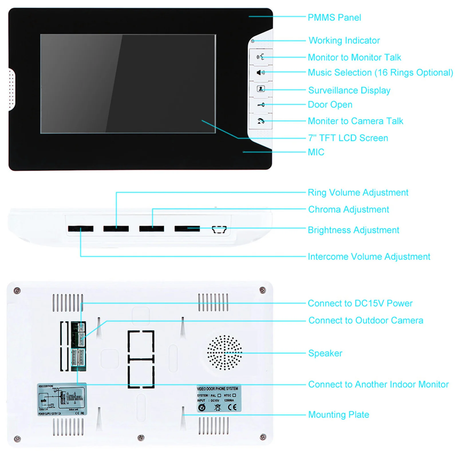 Outdoor Camera Doorbell Video Door Phone Waterproof with 7\'\' Color TFT LCD Monitor Screen 5 IR LEDs Adjustable Volume Brightness