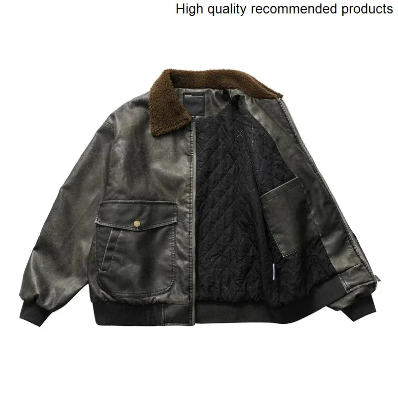 

Leather Collar Winter Cotton-padded Fur Motorcycle Jacket Men Fashion Loose Casual Thicken Bomber Jacket Parka Coat Outerwear