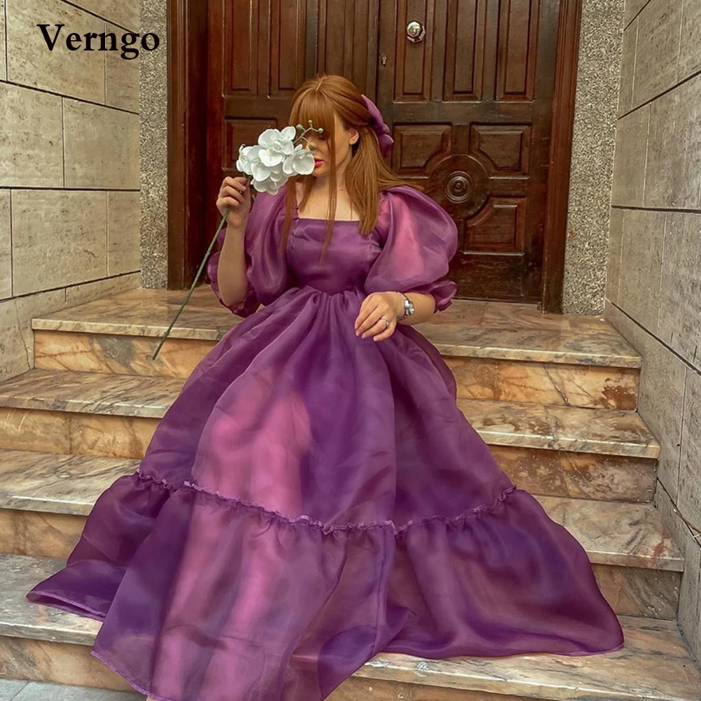 Verngo New Dark Purple Organza Evening Dresses 2022 Puff Half Sleeves Square Neck Tiered Ankle Length Prom Gown Party Dress