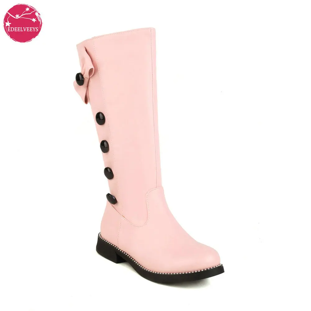 Women's Mid Calf Boots Button Bow Sweet Lolita Bootie with Chunky Block Heel Zip Japanese College Style Winter Warm Shoes