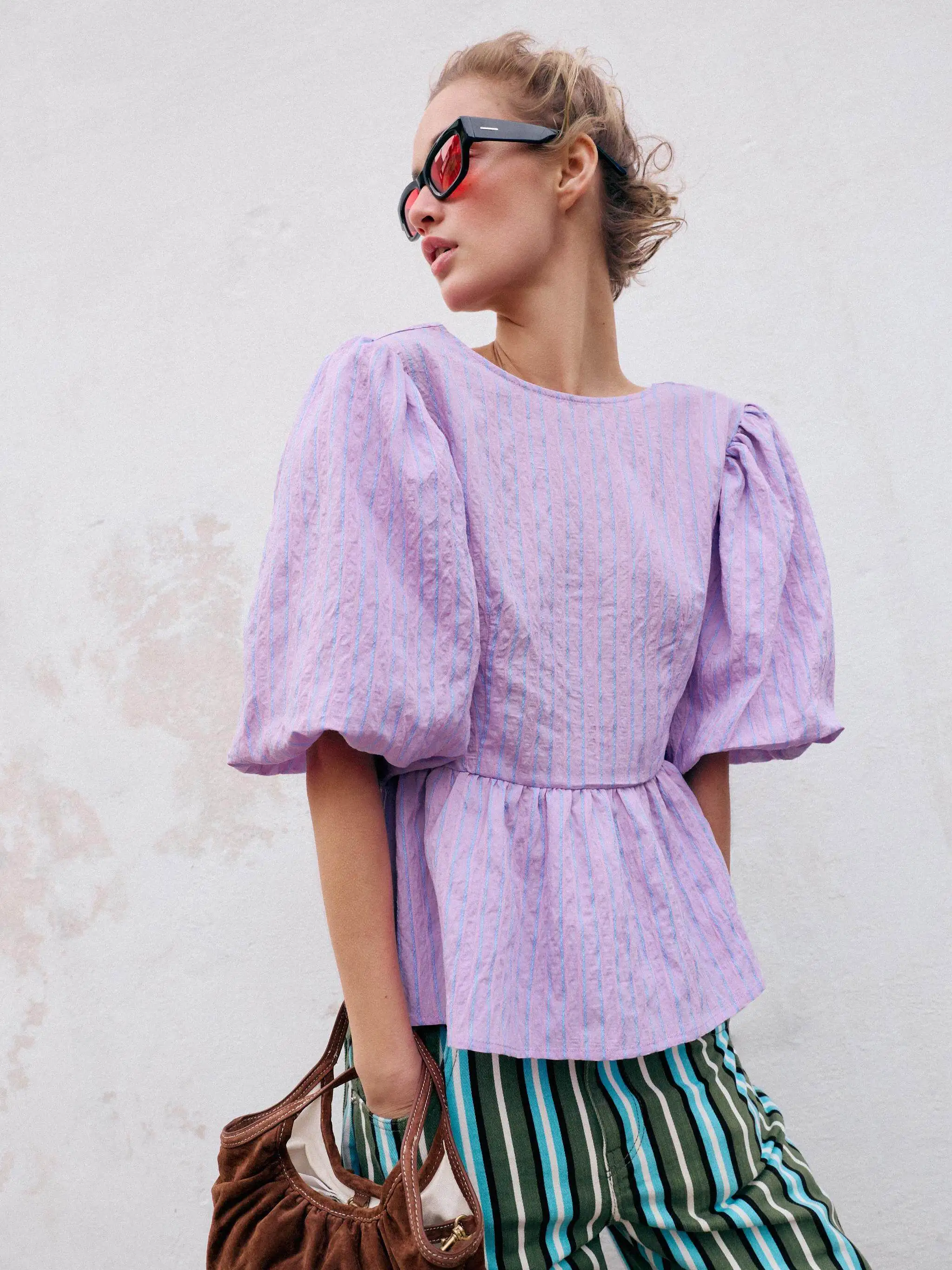 

Summer New Women's round Neck Bubble Sleeve Striped Knot Shirt Regular Length Short Sleeve Chinese Style Top