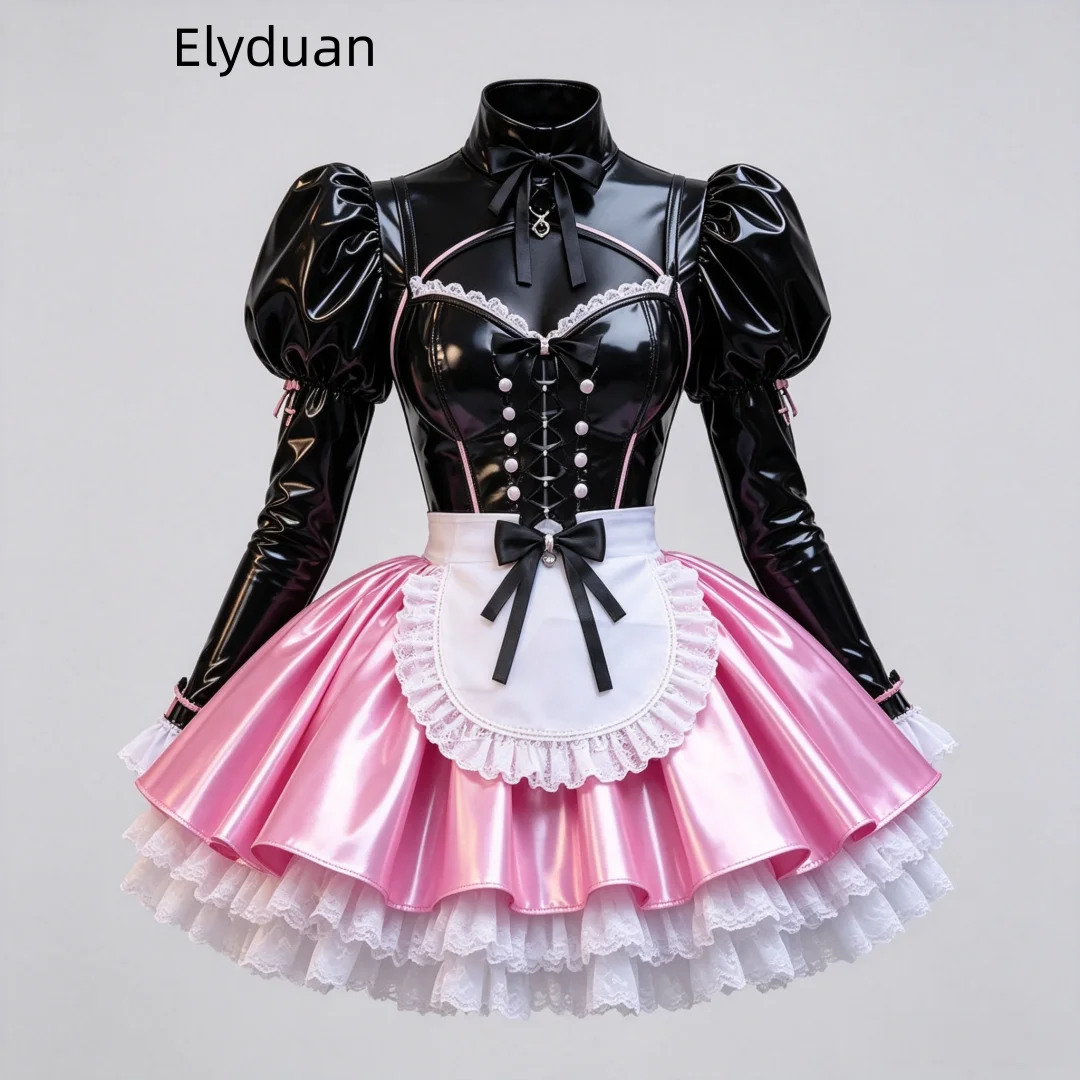 Glossy Black Pink PVC Mini Short Prom Dress Maid Cosplay Party Costume Puff Long Sleeve Keyhole High Collar Customized