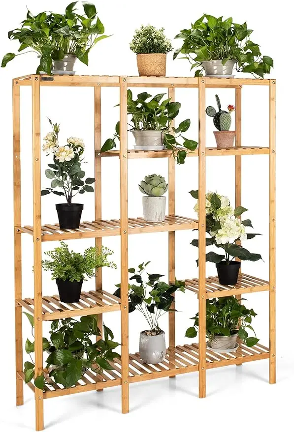 

Plant Stand indoor, Bamboo Utility Shelf with Storage Organizer Pots, Wood Outdoor Tiered Plant Shelf for Multiple Plants