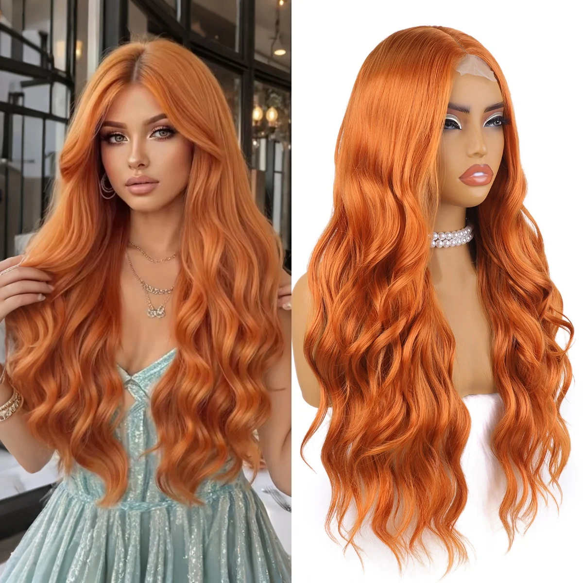 Long Wavy Orange Synthetic Wigs for Women Water Wave Natural Hair Wigs with 30inch Cosplay Party Wigs Heat Resistant
