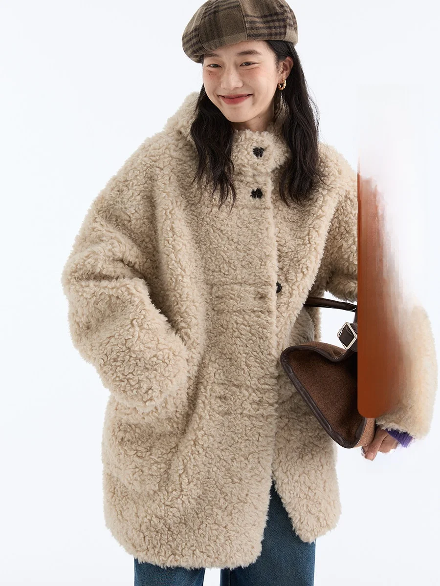 

Warm Furry Jaet Dwind2025 Winter New Sle Double Buttoned Women's Inteated Leather And Fur Coat with Hood Stand Fit