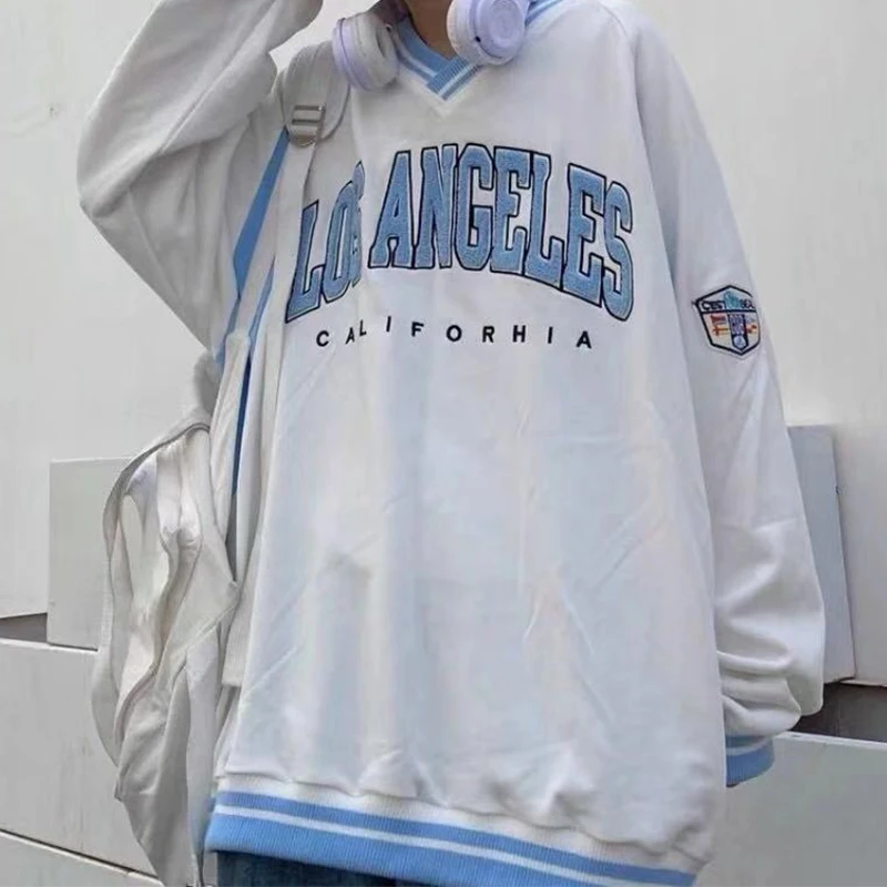 

Los Angeles Embroidery American Brand V Neck Oversized Sweatshirt Men Long Sleeve Street Casual Top Sport Girls Teens 2021Spring