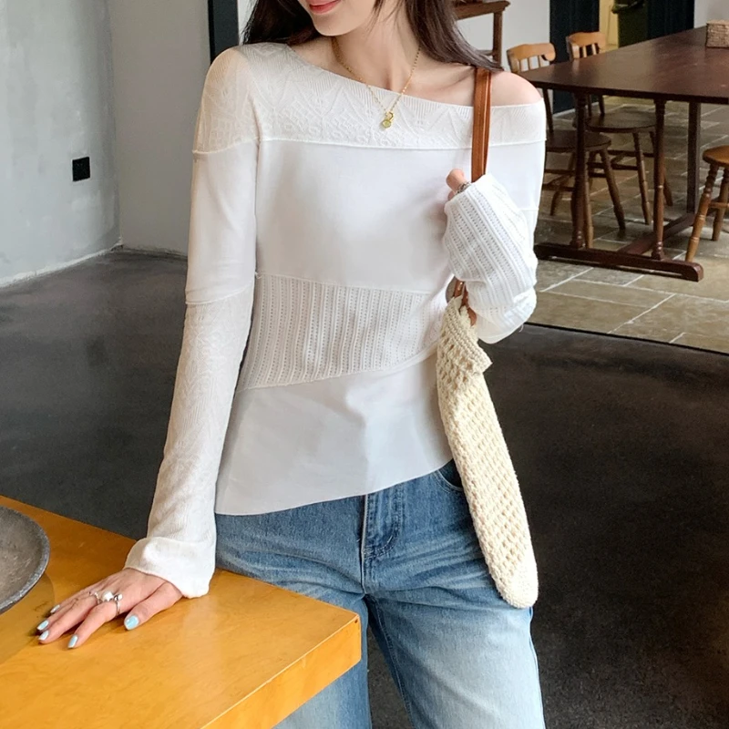 

White Hollow Out Long Sleeve T-shirts for Women French Style 2025 New Fashion Slash Neck Casual Loose Lace Patchwork Women's Top