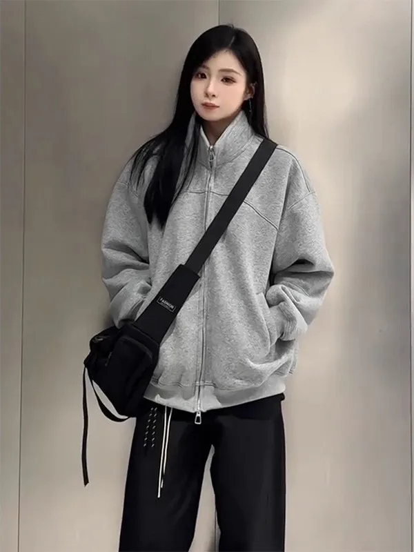 

Мужской свободный кардиган-свитшот Heavyweight College Sle с воротником-стойкой, универсальный, для пар, осень-зима