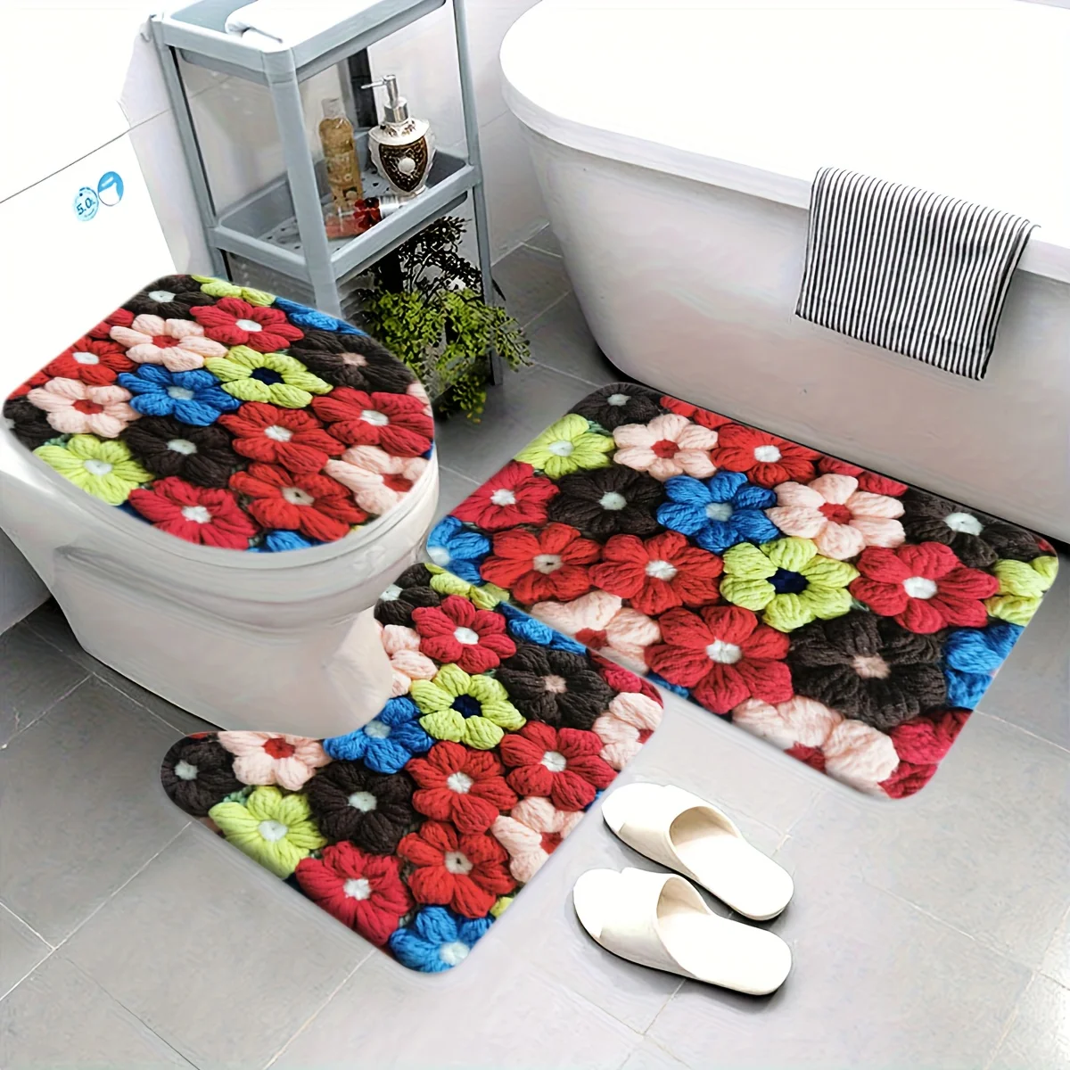 

3шт. ​ ​ Набор ковриков для ванной с цветочными лепестками — нескользящий фланелевой коврик и коврик для декора ванной комнаты с цветочным рисунком и свежестью в год ​