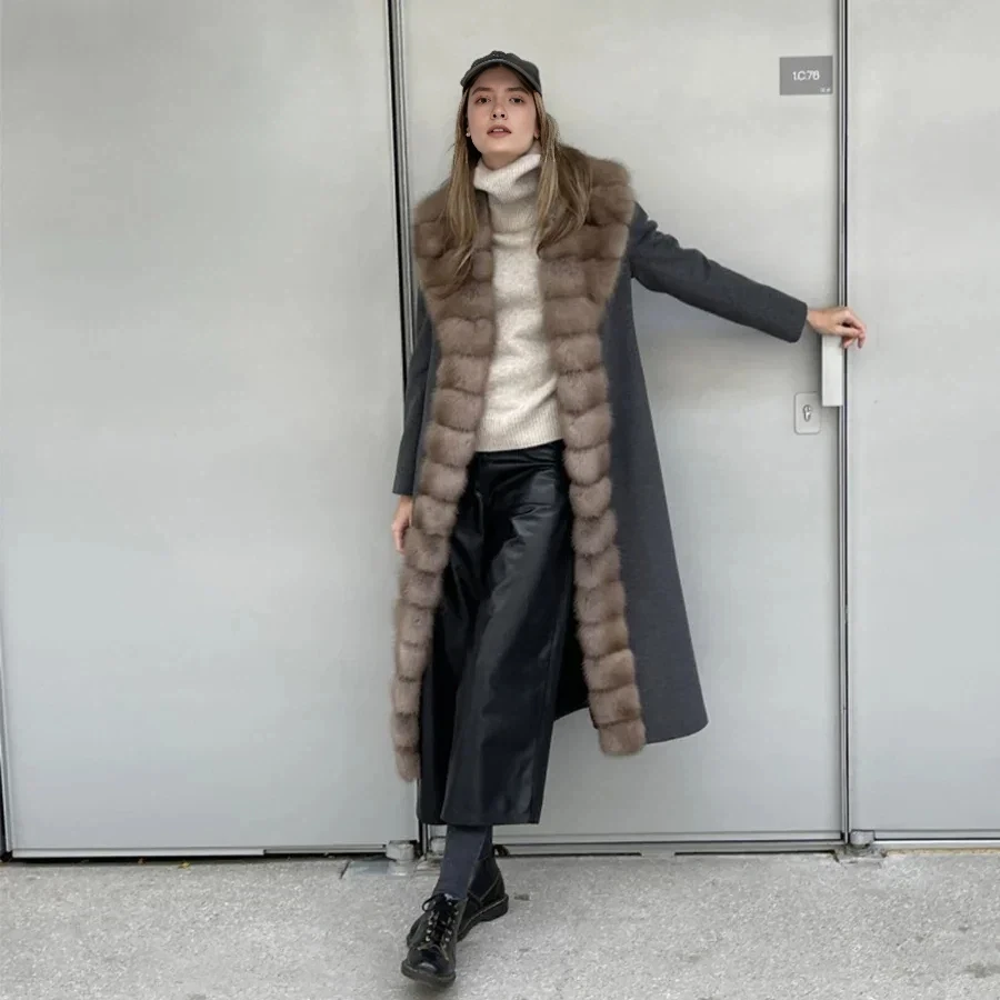 Casaco de pele real feminino genuíno casaco de pele de raposa longo lã mistura casaco casacos de inverno mulher 2024 luxo quente
