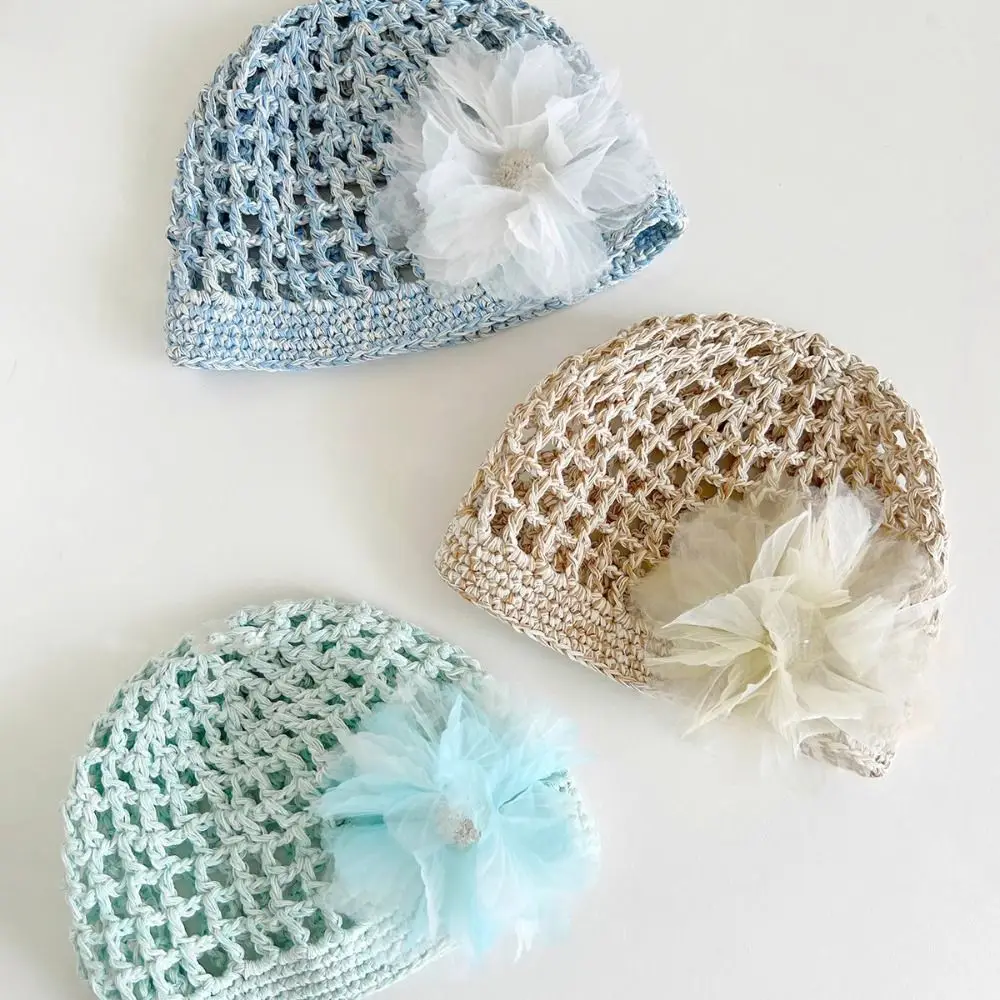 

Retro Handmade Crochet Flower Hat Bohemian Style Thin Hollow Out Knitted Hat Korean Ethnic Style Weave Cap Apparel Accessories