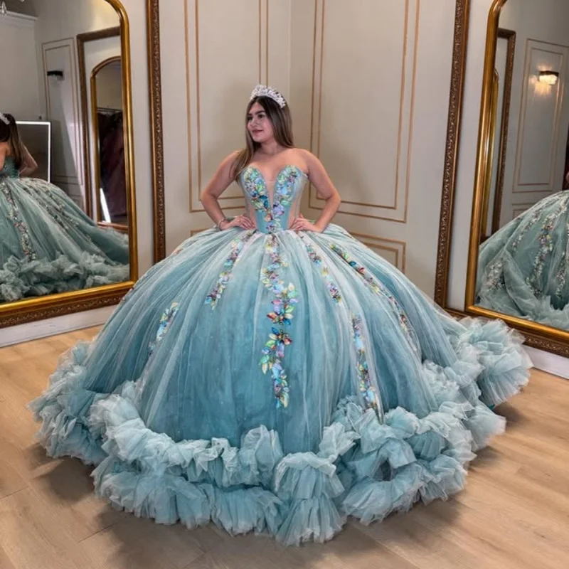 

Customized Grayish blue Quinceanera Dresses Off the Shoulder colorful applique Lace ruffle Long tail Vestido 15 Quinceanera