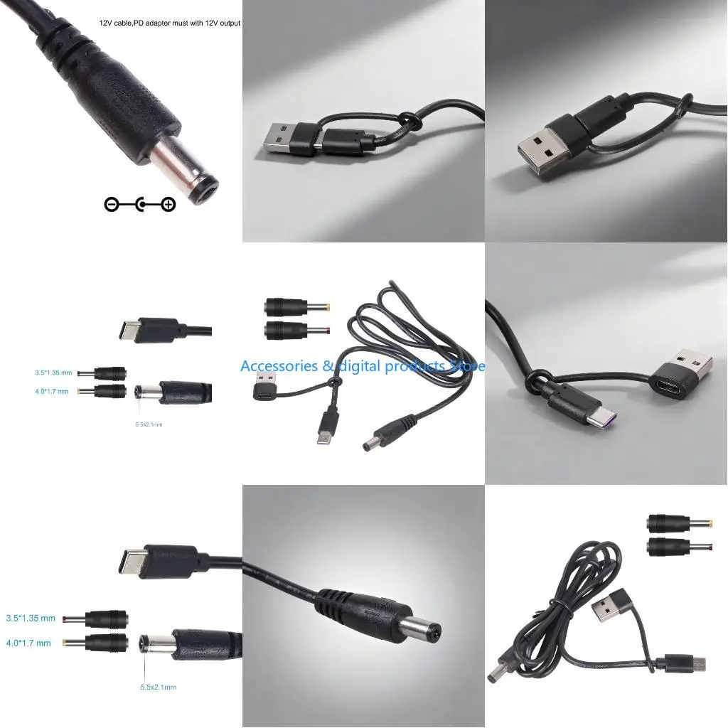 77JD 12V Output Power Cord USB C Input with Multiple Adapter Tip for Various Electronic Devices Speakers Fan Routers