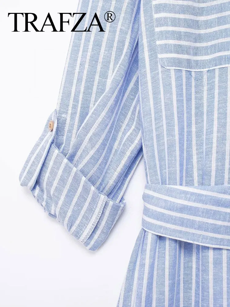 TRAFZA 2024 Female Commuter Shirt Dress Striped Long Sleeves Pocket Women's Casual Gentle With Belt Lapel Summer Elegant Dresses