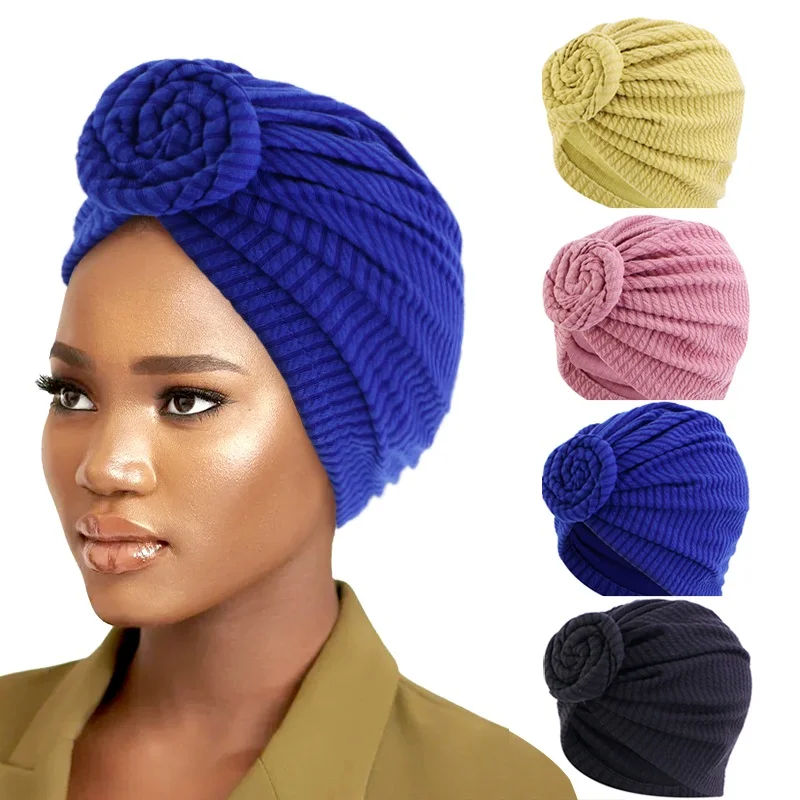 New Women Flower Turban Bonnet Soild Color Cotton Top Knot Inner Hijab Caps African Twist Headwear India Scarf Hat Head Wraps