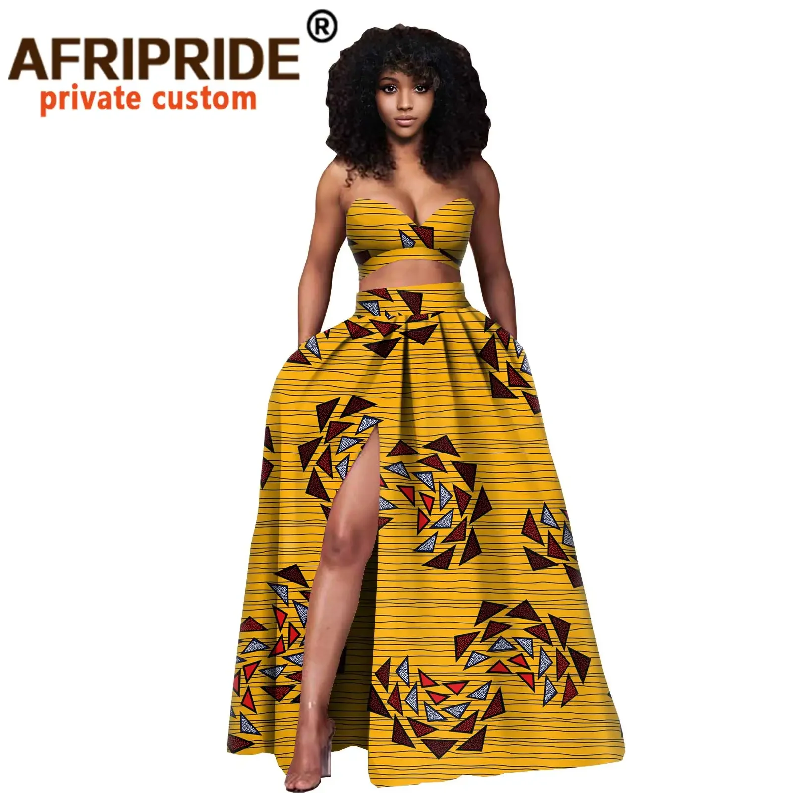 African Clothes for Women Crop Top and Maxi Skirt 2 Piece Set Sleeveless Women Blouse Sexy Party Outfits with Pockets A2026007