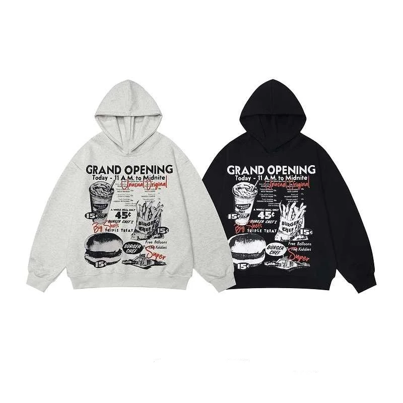 

2024 autumn and winter new Guochao fries burger printed sweater tide brand sweater loose casual pure cotton hoodie
