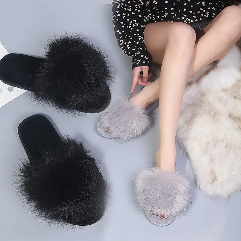 Thick Fluffy Fur Slippers Women 2024 New Winter House Warm Furry Slippers Women Flip Flops Home Slides Flat Indoor Floor Shoes