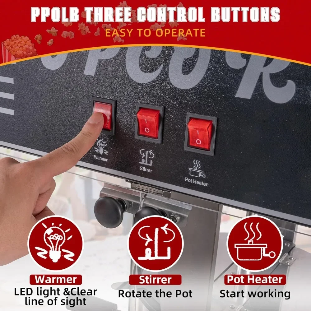 Popcorn Machine, 12 Oz Stainless Steel Kettle, 80 Cups, Retro Cinema Popcorn Maker, with Reject Kernel Tray, Warming Light