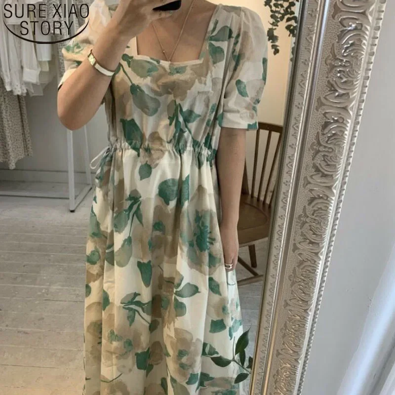 

Summer Dress Fashion Women Cotton Square Collar Floral Dress for Women Vintage High Waist Loose Long Dresses Chic Vestidos 14232