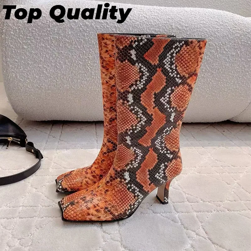 Women's fashionable and minimalist totem side zipper open top long boots, high tube women's square headed cowhide boots