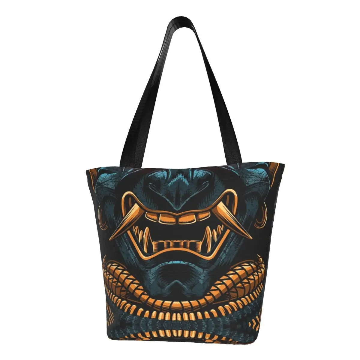 Kawaii Awesome Samurai Gold Shopping Tote Bag Reusable Japan Oni Demon Canvas Groceries Shopper Shoulder Bag