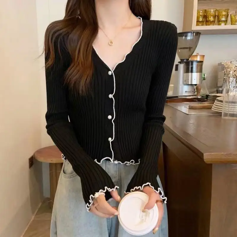 Women Spring Autumn Sweaters Sexy V-neck Solid Knitted Cardigan Fashion Long Sleeve Casual Short Tops Korean Style Thin Sweater