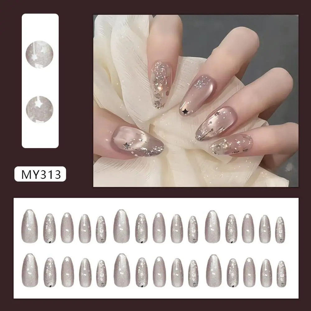 Süße Polka-Dot-Kunstnägel in Pink-Braun mit French Star Cat Eye-Effekt, glänzend, Kroos Heart Girl, europäischer und amerikanischer Stil, tragbare Nagelschutzabdeckung